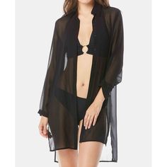 Wrap Up Your Swim Look In This Sheer Cover-Up Shirt From Carmen Marc Valvo, Designed With A High-Low Hem That Can Be Tied At The Front. Point Collar; Front Button Closures High-Low Hem Can Be Tied At The Front Imported Knee Length Black Long Sleeve Shirt For Vacation, Beachwear Long Sleeve Blouse Cover-up, Black Sheer Long Sleeve Shirt, Long Sleeve Blouse For Beach Cover-up, Long Sleeve Beachwear Blouse For Beach Cover-up, Beachwear Long Sleeve Blouse For Beach Cover-up, Chic Black Sheer Shirt, Black Long Sleeve Shirt For The Beach, Sheer Long Sleeve Tops For Beach