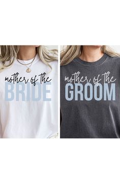 Calling all mothers of the bride, mothers of the groom, bridal parties, and wedding parties!! These adorable comfort colors mother of the groom and mother of the bride shirts would be the perfect addition to any wedding day! This classic, unisex Comfort Colors tee fits like a well-loved favorite! It is a garment-dyed t-shirt made with 100% ring-spun cotton. The double-needle stitching increases its durability while the lack of side-seams helps the shirt retain its tubular shape. As with any onli Wedding Party T Shirts Ideas, Mother Of The Groom Shirt, Mother Of Bride Shirt, Mother Of The Bride Shirts, Mother Of The Bride And Groom Gifts, Bridal Shirts Ideas, Wedding Tshirts Ideas, Jordans Wedding, Mother Of The Bride Shirt