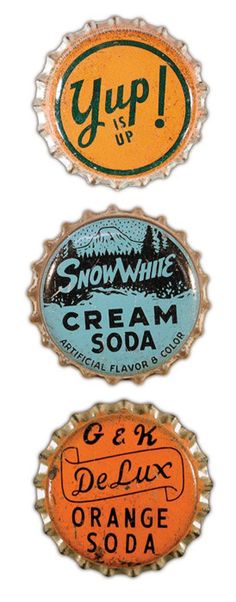 three different types of soda bottle caps with the words, ice cream and orange soda on them