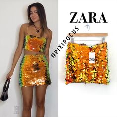 Zara Mirrored Sequin Mskirt New - With Tags !! Color Shifting Duo-Chrome ( Gold / Green / Orange ) - Super Sparkly In Person !! Mirrored Sequin High-Waisted Skirt. Back Zip Closure. Lined. Approx. Measurements: [ M Skirt ] 14.5" Across Waist 15" Length [ Xl Skirrt ] 16.5" Across Waist 16" Length [ M Top ] 16.5" Pit To Pit 13" Length [ L Top ] 17.5" Pit To Pit 13" Length 9405/103 Zara Multicolor Party Bottoms, Zara Multicolor Skirt For Summer, Fitted Yellow Skirt For Night Out, Zara Fitted Mini Skirt For Party, Multicolor Summer Skirt For Night Out, Multicolor Skirt For Summer Night Out, Trendy Zara Mini Skirt For Party, Trendy Yellow Mini Skirt For Party, Orange Party Skirt For Spring