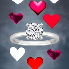 a diamond ring surrounded by hearts on a gray background with red, white and pink colors