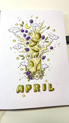 an open notebook with the words, april written on it