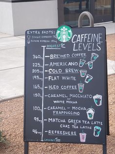 a blackboard sign with drinks on it in front of a starbucks coffee shopfront