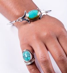 Silver Bangle Bracelet Turquoise stones mens unisex unique design Unique Chrysocolla Bracelets As Gifts, Spiritual Chrysocolla Bracelet Jewelry, Chrysocolla Natural Stones Bracelet, Spiritual Turquoise Bangle Jewelry, Hand Wrapped Turquoise Bangle, Artisan Turquoise Gemstone Bracelet, Turquoise Gemstone Fusion Jewelry, Southwestern Style Turquoise Bangle As A Gift, Fusion Turquoise Gemstone Jewelry