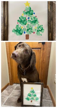 a brown dog sitting in front of a christmas tree made out of watercolor paper