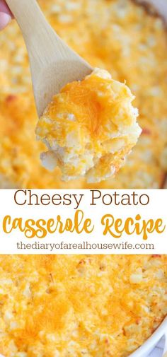 cheesy potato casserole recipe in a white dish with a wooden spoon