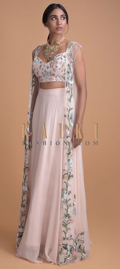 Pink Plazo With Top, Skirt Top With Jacket Indian, Plazo Jacket Suits, Long Skirt With Shrug Indian, Long Skirt Evening Outfit, Crop Top Skirt With Shrug, Traditional Plazo And Crop Top, Chiffon Jacket Long, Indowestern Skirt And Tops