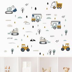 the wall decals are designed to look like construction trucks and trees in different colors