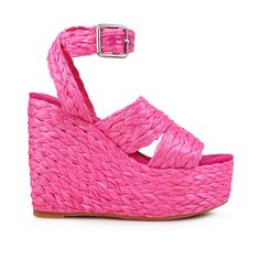 Gabbie is a beautiful and comfy women's sandal. Gabbie is a summer sandal comprised of woven straw with a man-made sole. An ankle buckle fastening ensures a secure fit, while a platform of 2 inches and a heel of 5 inches provide comfort and flair. We believe that beautiful shoes should not be kept hidden, and while not Trendy Round Toe Wedge Sandals, Summer Round Toe Heels With Leather Sole, Pink Leather Heels With Wrapped Heel, Elegant Platform Heels For Spring, Pointed Toe Heels For Galas, Pink Wedge Sandals With Branded Heel, Chic Pointed Toe Wedge Sandals For Spring, Luxury Summer Wedge Sandals With Sculpted Heel, Chic Pink Sandals With Leather Sole