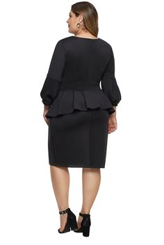 Black Bell Sleeve Plus Size Peplum Dress Chic Peplum Office Dress, Chic Peplum Dress For Office, Chic Office Peplum Dress, Black Fitted Peplum Dress, Black Peplum Dress For Formal Occasions, Elegant Black Peplum Dress, Formal Peplum Dresses For Fall, Elegant Peplum Dresses For Fall, Elegant Fall Peplum Dress