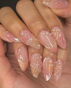 Wave Nails, Nail Art 3d, Korean Nail Art, Girly Acrylic, Nagel Tips, Nail Art Set, Girly Acrylic Nails, Aesthetic Nails, Easy Nails