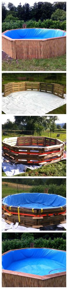 an oval swimming pool is being constructed from pallets