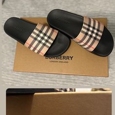 Burberry Slides Only Used To Try On Luxury Designer Gucci Socks, Designer Gucci Luxury Socks, Chanel Sandals Cheap, Burberry Slides, Lv Slides, Burberry Sandals, Cute Slides, Pretty Sneakers, Designer Slides