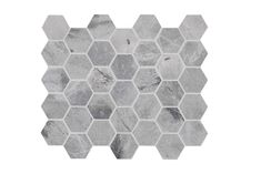 a white marble tile with hexagonals in the center and grey veining