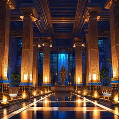 a large room with columns and candles lit up