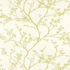 a green and white wallpaper with branches on it