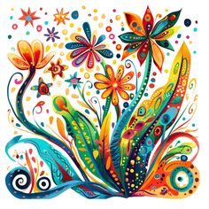 colorful flowers and swirls on a white background