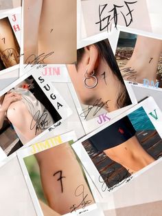 many different pictures of people with tattoos on their backs and legs, all showing letters