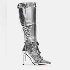 Stiletto Knee Boot Zipper Closure At Side Point Toe Studded Webbing Wrap Detail 4 Inch Heel Height Size 6 Measurements: 14.5 Inch Shaft Circumference, 14.5 Inch Shaft Height *Worn Only Once Designer Boots With Buckle Closure For Party, Designer Party Boots With Buckle Closure, Silver Pointed Toe Boots With Buckle Closure, Party Boots With Buckle Closure, Lisa Outfit, Chloe 2024, Silver Boots, Pretty Halloween Costumes, Pretty Halloween