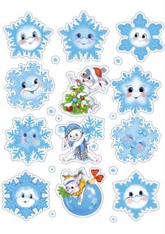 snowflake stickers with various images of animals and trees in the shape of snow flakes