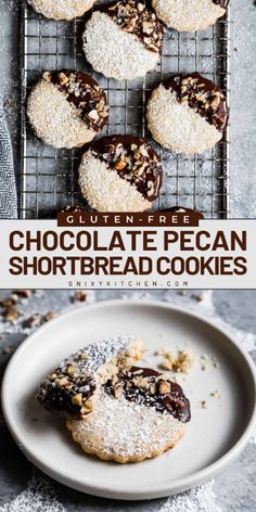 chocolate pecan shortbread cookies on a cooling rack