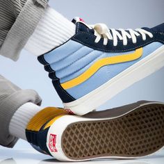 Vans Vault Unisex Limited Edition Blue And Yellow Suede And Canvas High Top Skateboarding Sneaker. A Variation On The Classic Sk8-Hi, Which Debuted In 1976, The Style 138 Features A Rubber Toe Bumper And Vans’ Signature Vulcanized Rubber Midsole And Waffle Outsole. Features Lace-Up Front Suede And Canvas Upper Rounded Toe Rubber Toe Bumper Channel-Quilted Collar High Rubber Foxing Vulcanized Rubber Midsole Rubber Waffle Outsole White Leather And Canvas Lining Thanks For Looking! Van Shoes, Fresh Clothes, Vans Blue, Cool Vans, Vans Sneakers, Fire Fits, Custom Vans, Mens Vans, Vans Shoes