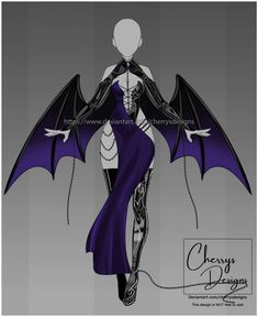 a drawing of a woman in a purple dress with bat wings on her shoulders and legs