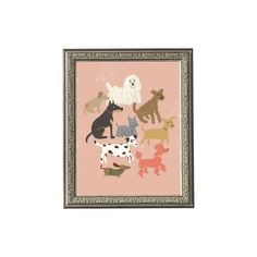 a painting with dogs on it is hanging in front of a white wall and has a pink background