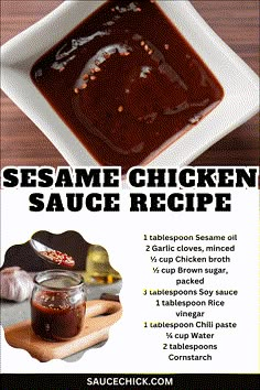 the recipe for sesame chicken sauce is shown in this poster, with instructions to make it