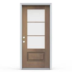 the front door is brown and has two glass panels on each side, while the bottom panel