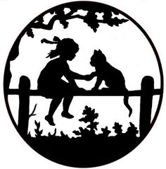 a black and white silhouette of a girl holding a dog on a fence with trees in the background