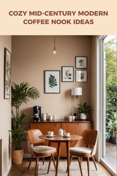 Explore 10 inspiring ideas for creating a cozy mid-century modern coffee nook with wooden furniture and plants in a warm setting.