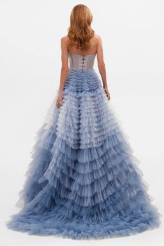 Light Blue Strapless Frill-Layered Fluffy Dress ➤➤ Milla Dresses - USA, Worldwide delivery Transparent Corset, Layered Tulle Dress, Milla Dresses, Debutante Dresses, Fluffy Dress, Sheer Sleeve Dress, Sky Blue Dress, Dress Weights, Tulle Evening Dress