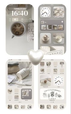 an assortment of white and gray items displayed on top of each other, including a heart - shaped object