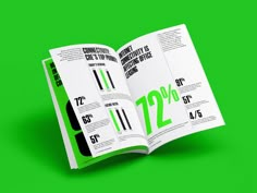 an open book with numbers and percentages on the pages, in front of a green background