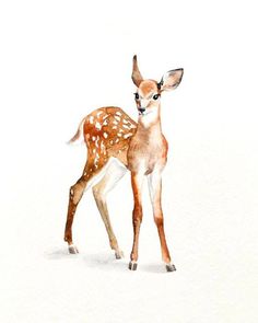 a watercolor painting of a deer standing in the snow