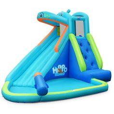 an inflatable water slide that is blue and green