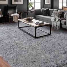 a living room filled with furniture and a rug on top of a hard wood floor