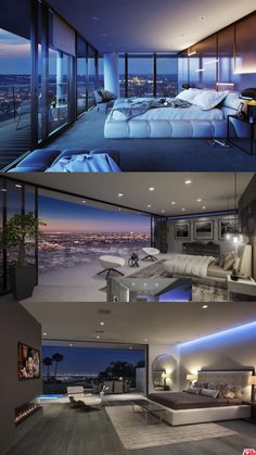 two pictures of a bedroom and living room at night, with city lights in the background