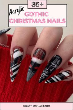 Get ready to sleigh this holiday season with these dark and mysterious gothic Christmas nails. With a touch of glitter and a dash of edge, your manicure will be the talk of every holiday party. Unleash your inner goth queen and make a statement nail that Santa won't soon forget! Intricate Christmas Nails, Red Nails Black Design, Goth Christmas Nails Short, Black And Red Holiday Nails, Red Black Christmas Nails, Black Red Christmas Nails, Christmas Nail Design Ideas, Christmas Nails Red And Black