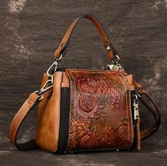 New-Vintage-Women-Genuine-Cow-Leather-Shoulder-Bag-Embossed-Handbag-Purse-XS Mobile Bag, Flower Handbag, Bucket Handbags, Genuine Leather Handbag, Genuine Leather Bags, Tote Purse, Vintage Handbags, Vintage Bags, Sling Bag