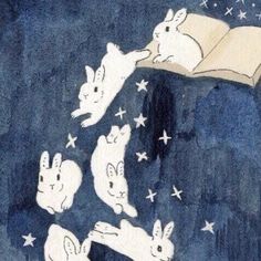 an image of rabbits flying in the air with books on their backs and stars around them