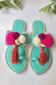 Kolhapuri Chappals, Boho Tassels, Blue Pom Pom, Shoe Refashion, Diy Sandals, Shoe Websites, Tassel Sandals, Boho Shoes, Turquoise Boho