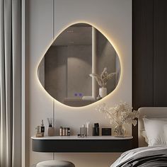 a bedroom with a bed, mirror and stool in front of the window that is lit up