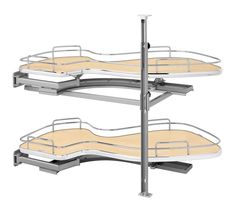 three tiered metal shelf with two wooden trays on each side and the bottom section open