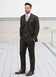 Stay on-trend and enhance your fashion prowess with our impeccably chic Loro Piana Giulio Wool Suit. Fashioned from the finest pure wool, this suit boasts a steadfast solid pattern that seamlessly blends with its understated brown tone. The lavish fabric not only enhances the overall aesthetic but also provides a comforting layer, making it a luxurious and stylish choice for those with discerning tastes. Whether you're attending business meetings or social gatherings with friends, this suit emer Luxurious Brands, Brown Tweed Suit, Herringbone Tweed Jacket, Solid Texture, Tweed Pants, Purple Suits, Denim Suit, Brown Tone, Herringbone Tweed