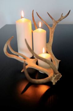 two white candles sitting on top of a table next to antler's horns