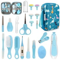 the contents of a child's hair and nail care kit are shown in blue