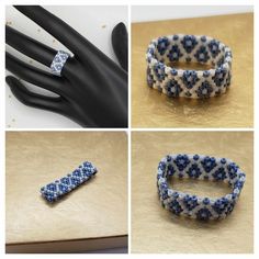 four pictures of different types of bracelets and rings with beads on them, one is blue and the other is white