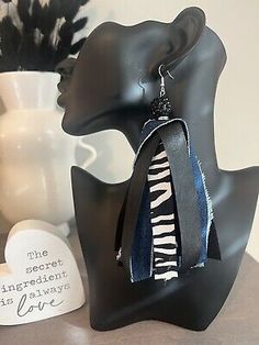 Handmade Zebra, Denim and Black Faux Leather Tassel/ Fringe Earrings. | eBay Leather Tassel Earrings, Tassels Earrings, Denim Earrings, Dope Jewelry Accessories, African Earrings, Earrings Making, Leather Accessory, Faux Leather Earrings, Creative Corner